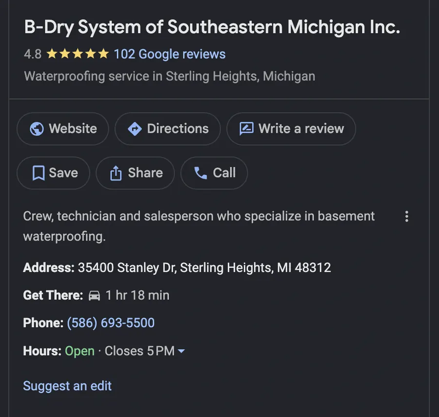 B-Dry Google Business Profile showing 4.8 stars from 102 reviews