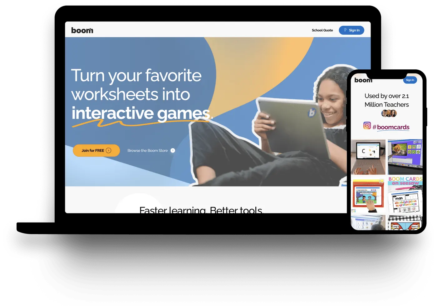 Boom Learning homepage on laptop and phone: Turn your favorite worksheets into interactive games