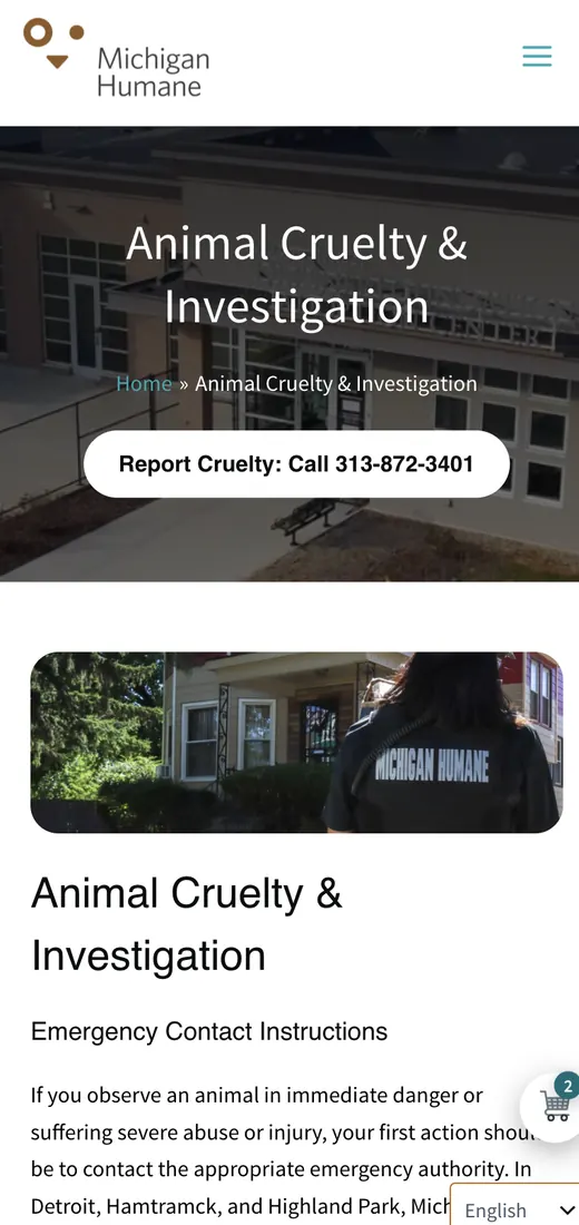 Cruelty reporting page with a direct call button