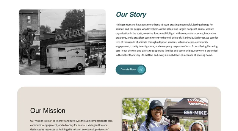 Our Story page with history photograph and mission section