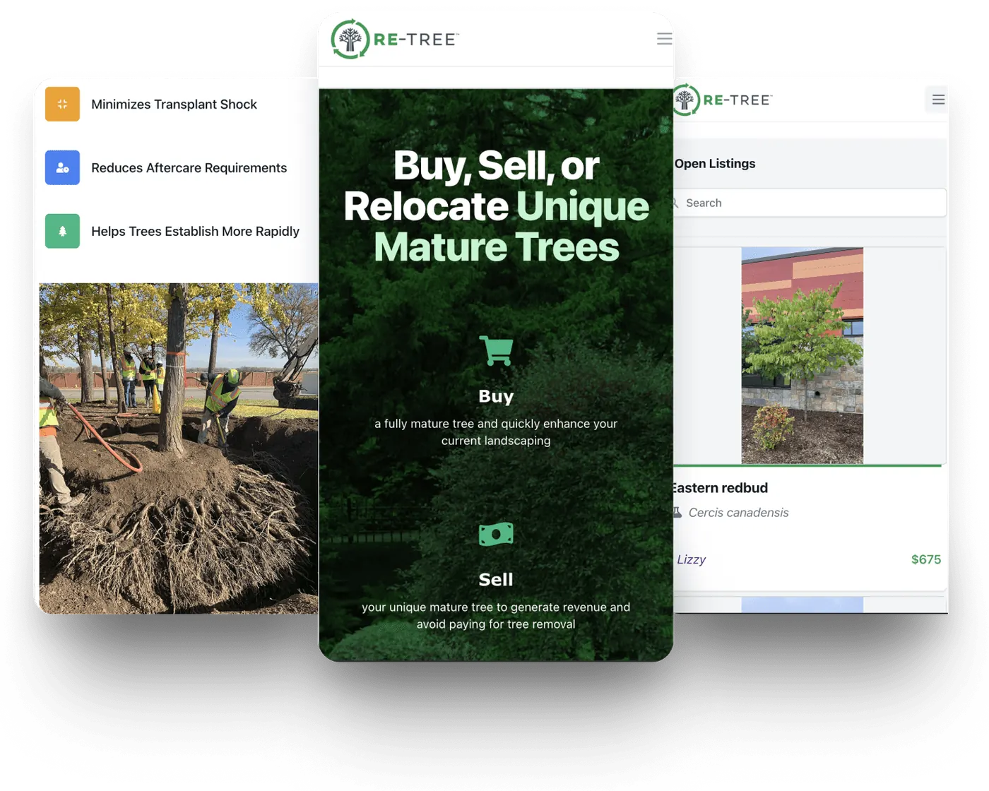 RE-TREE marketplace on desktop, tablet and phone: buy, sell, or relocate unique mature trees