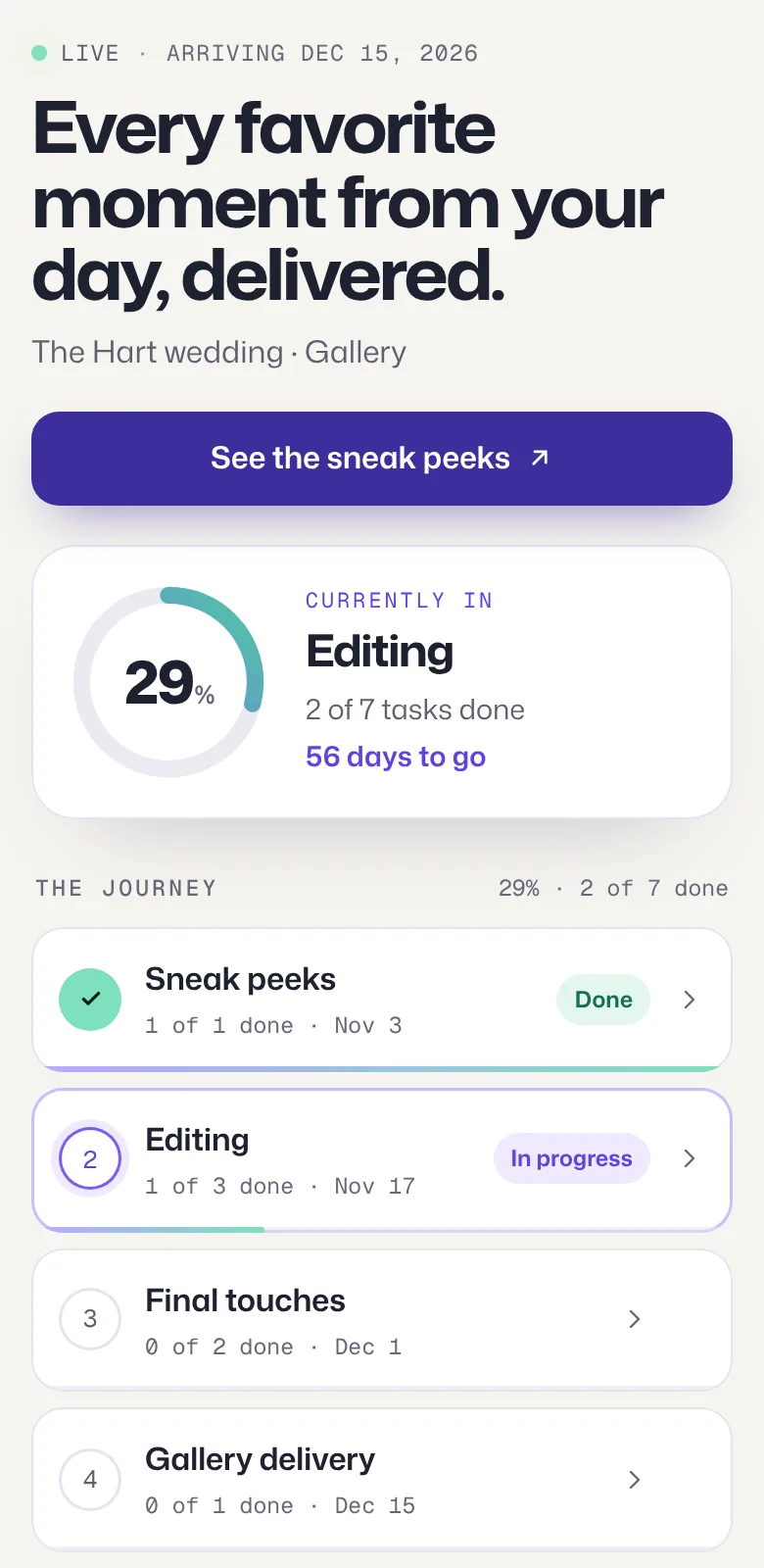 The same wedding gallery journey on a phone: the title, a See the sneak peeks button, the progress ring and the list of stops.